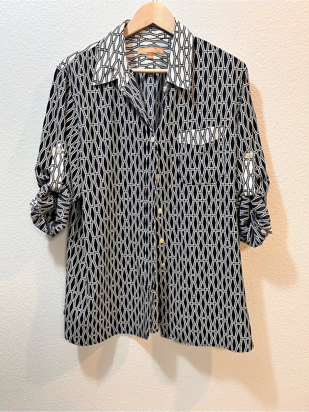 Ellen Tracy Black and White Geometric Button-Down Shirt
